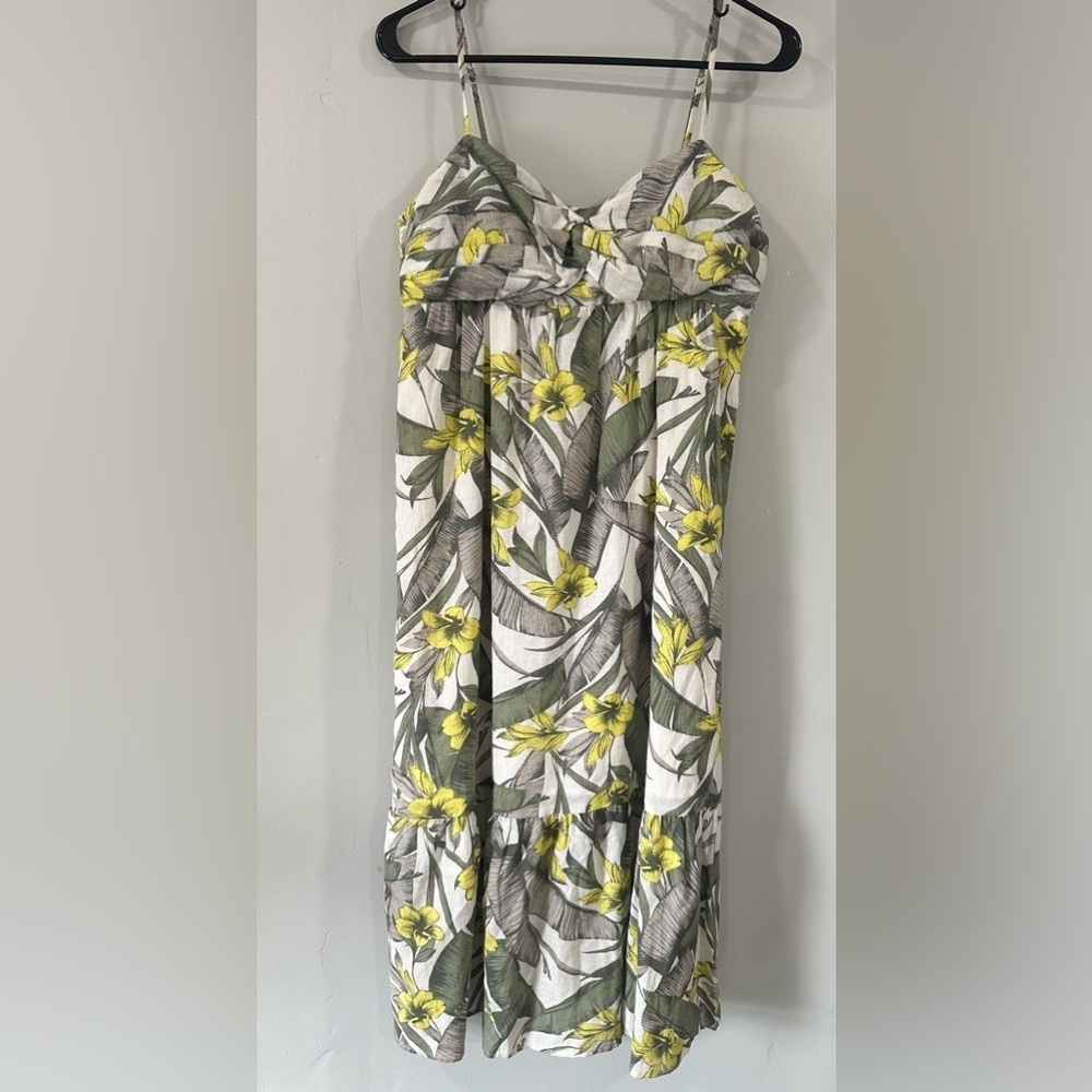 Banana Republic Yellow and Green Floral Midi Dress size 8 linen blend